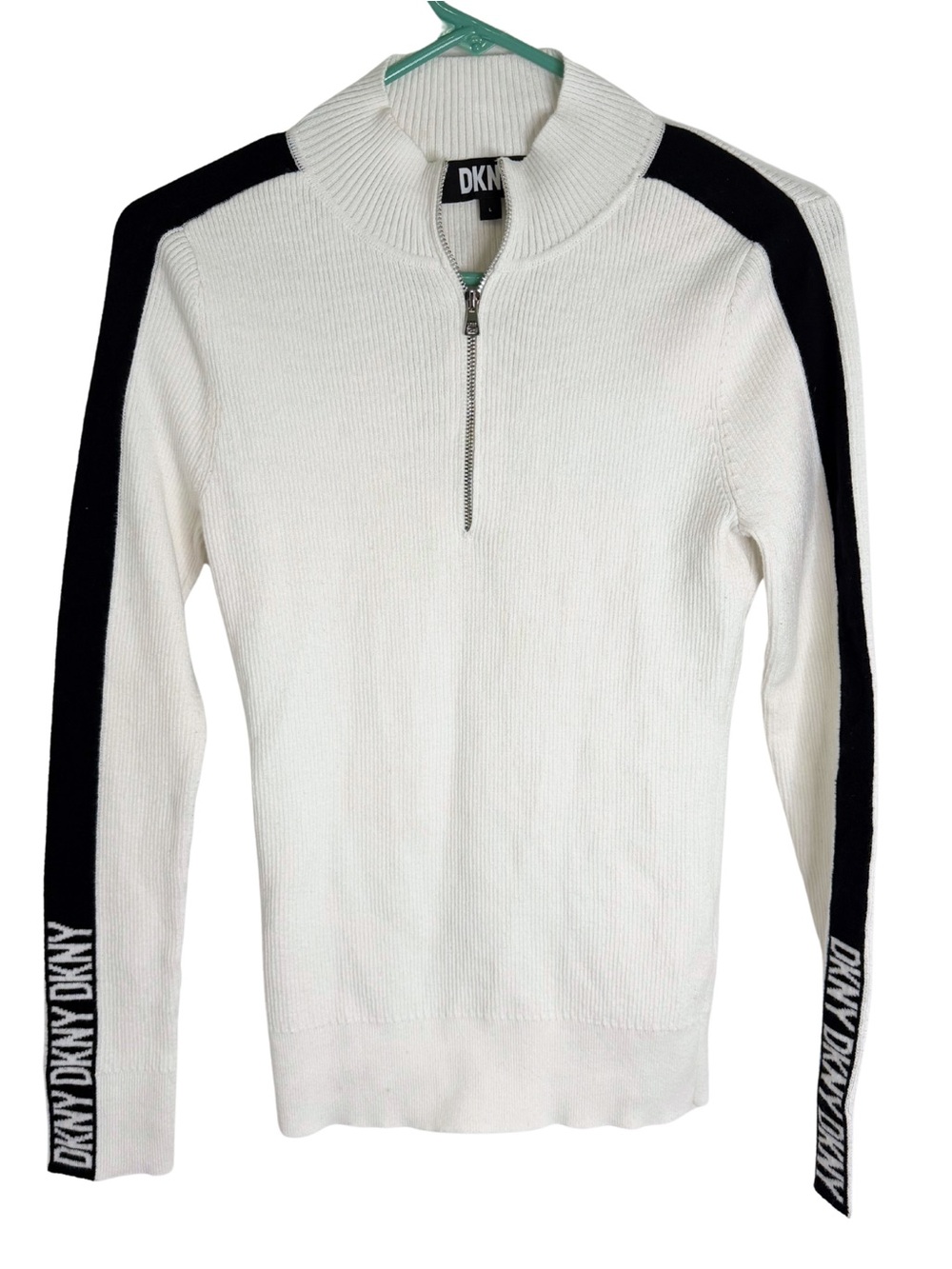 DKNY White Zip Front Body Hugging Ribbed Knit Top Size Large